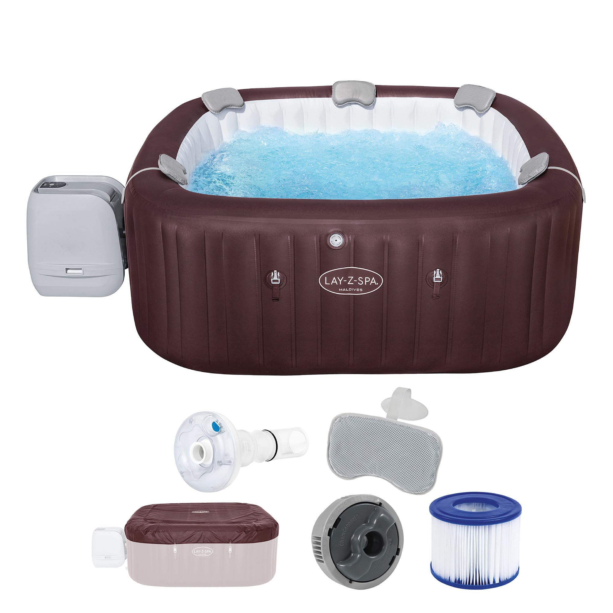 718Bp3Y-2zL Bestway LAY-Z-SPA Energiespar-Whirlpool Maldives HydroJet Pro, 201 x 201 x 80 cm, 7 Personen, Heizung, Frostwächter, 8 HydroJet-Düsen, 180 AirJet-Düsen, App-Steuerung, Thermo-Abdeckung, Mahagoni, LEDs – Bild 1