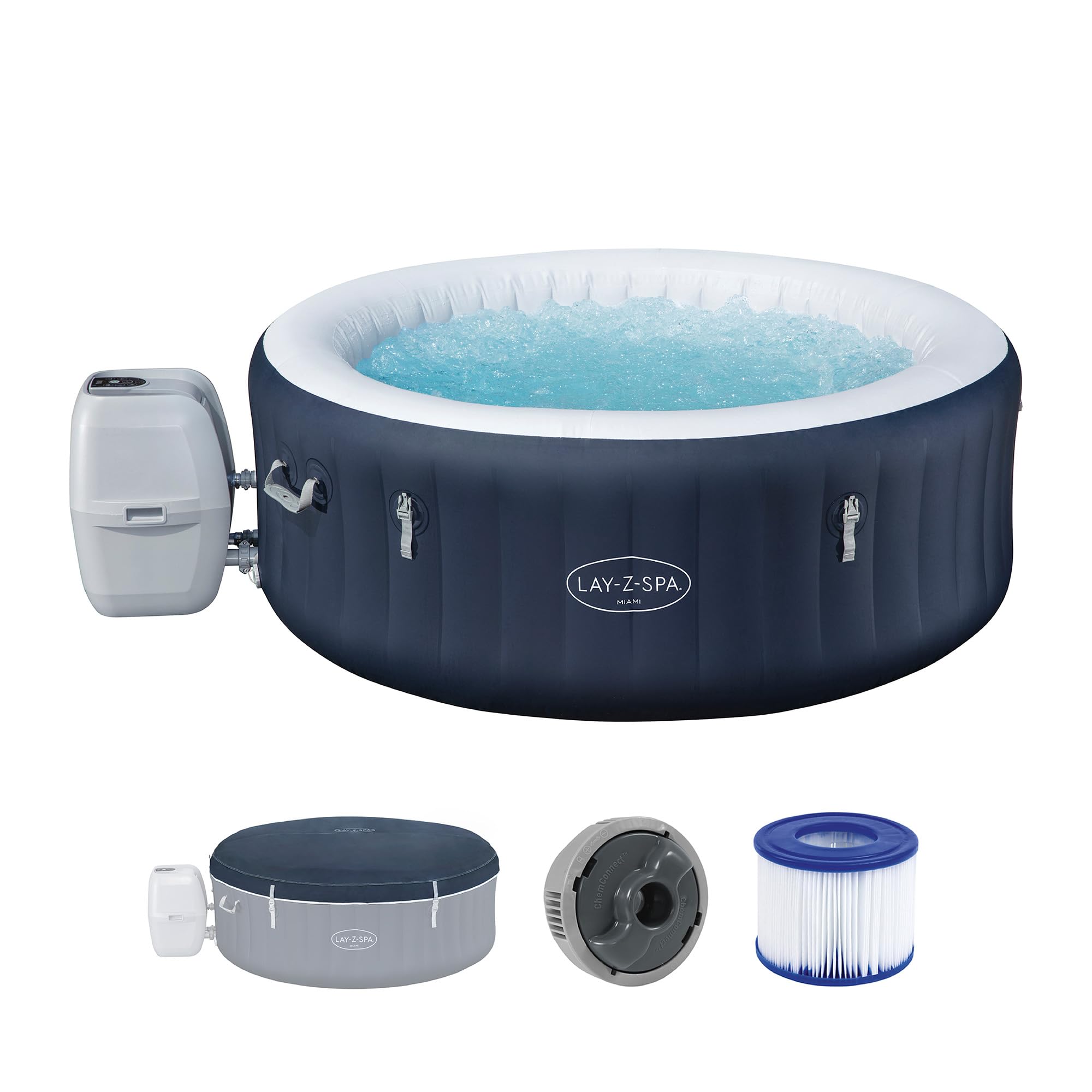 71K1LdZNlzL Bestway Lay-Z-SPA Energiespar-Whirlpool Miami AirJet, Ø 180 x 66 cm, 4 Personen, Heizung, Frostwächter, 120 AirJet-Düsen, Energiespardämmung, Thermo-Abdeckung, Dunkelblau – Bild 1