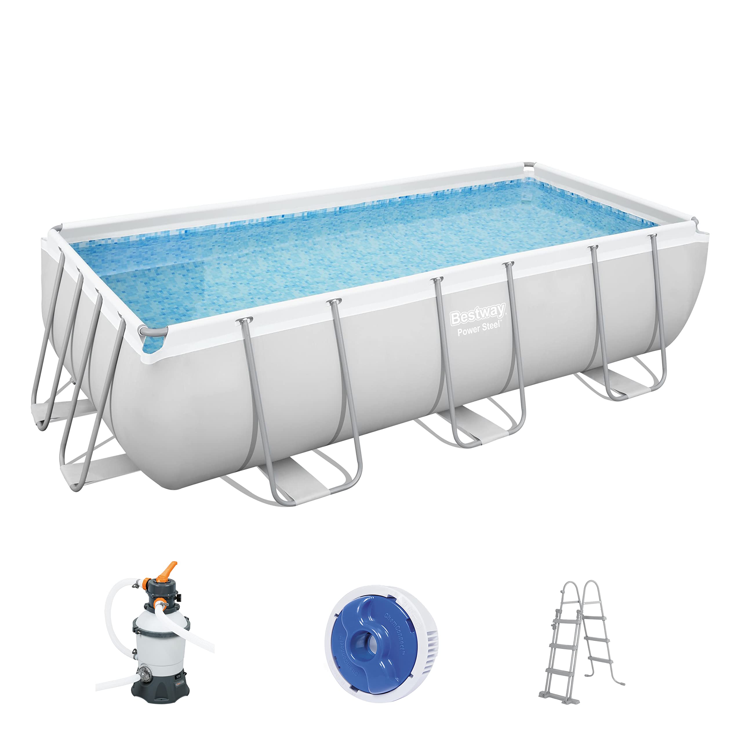 71Q2zUJgXTL Bestway Power Steel Frame Pool-Set mit Sandfilteranlage 404 x 201 x 100 cm, lichtgrau, eckig – Bild 1