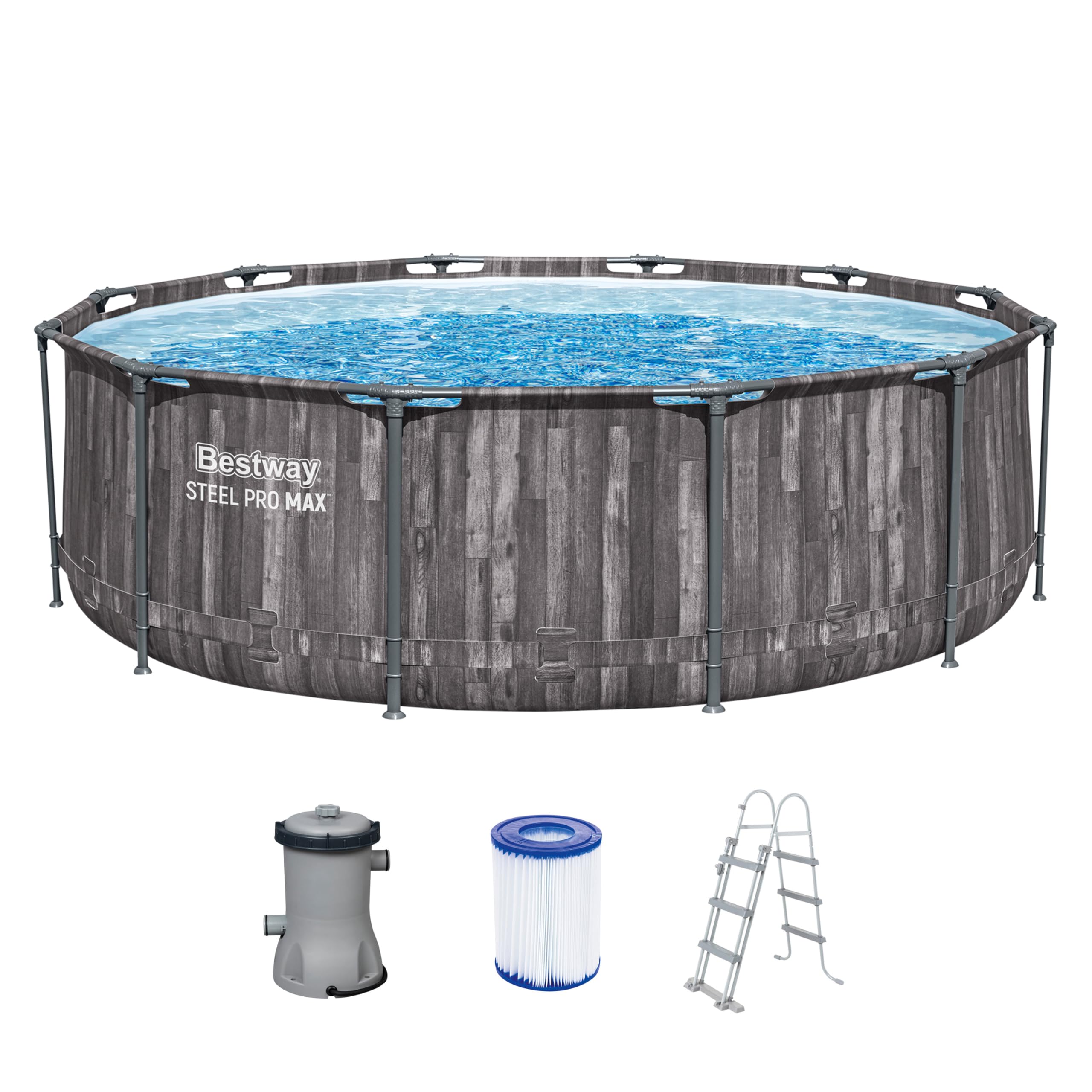 81jBRZZyPsL Bestway Aufstellpool rund 366x100 cm, Set mit Filterpumpe, Holz-Optik – Bild 1